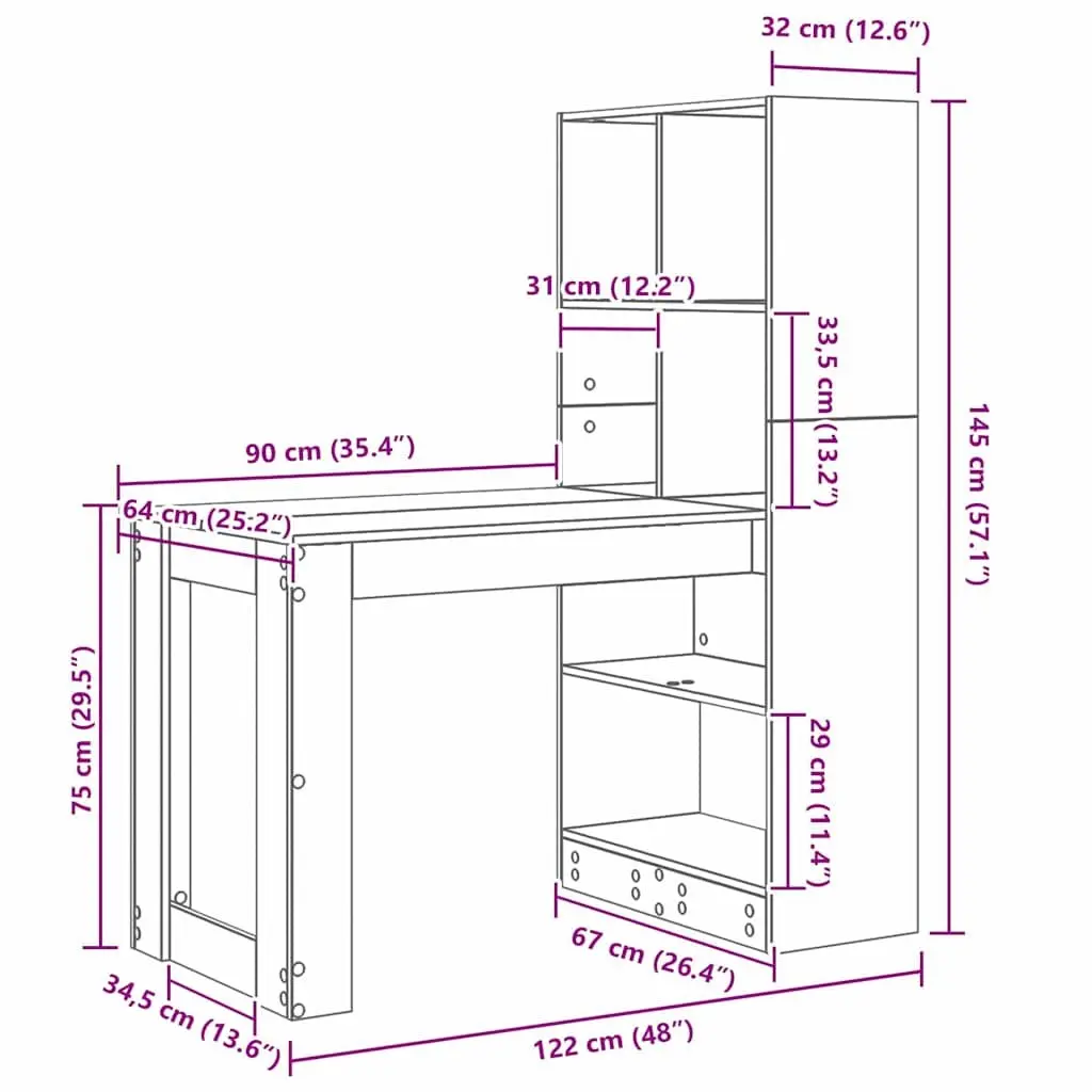 White Writing Desk with Shelves Storage Engineered Wood Office Furniture 122cm