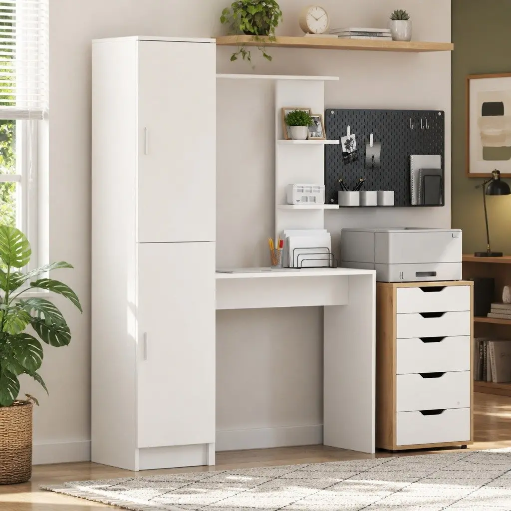 Desk with Shelves and Hinged Doors White Engineered Wood Office Workspace Storage 2 Piece