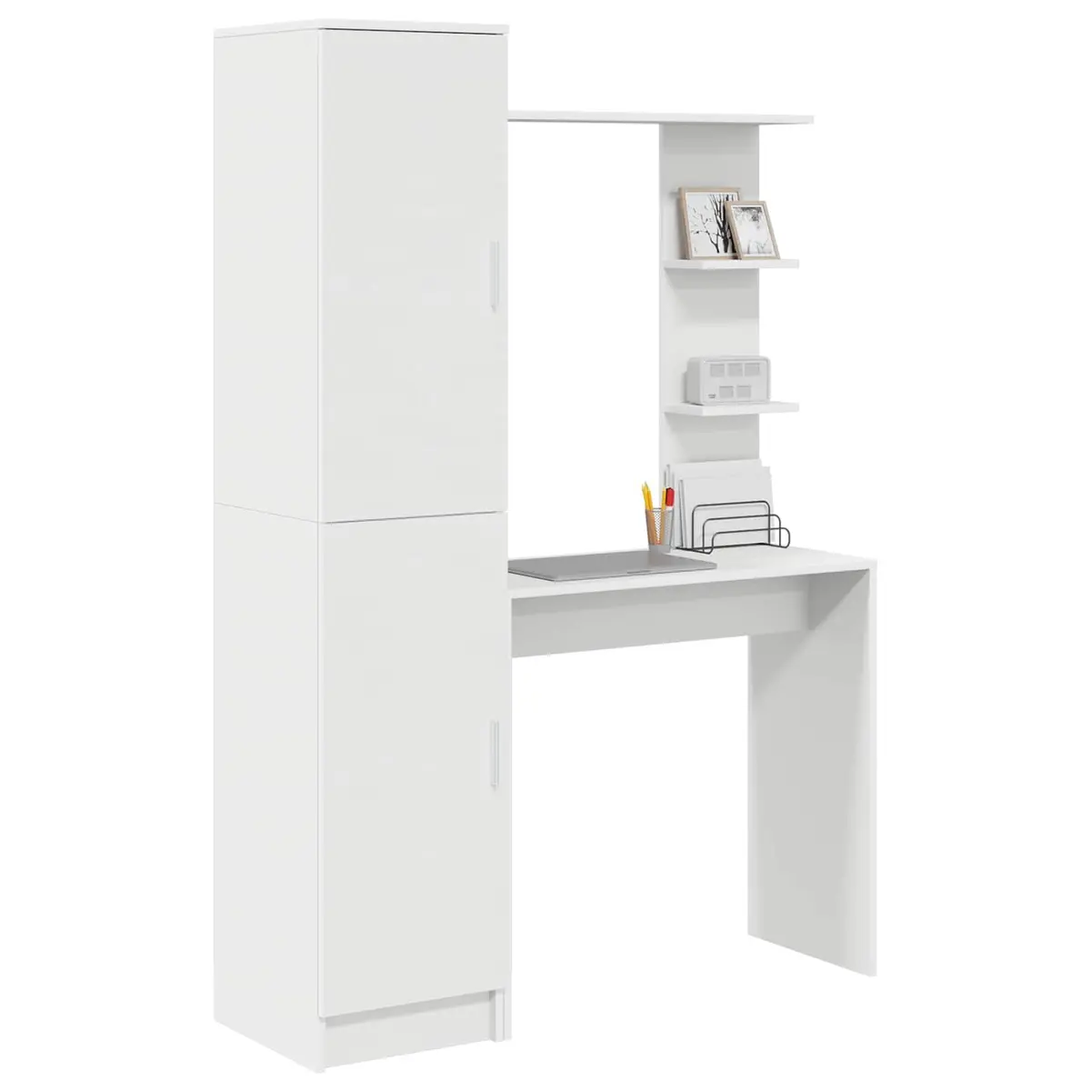 Desk with Shelves and Hinged Doors White Engineered Wood Office Workspace Storage 2 Piece