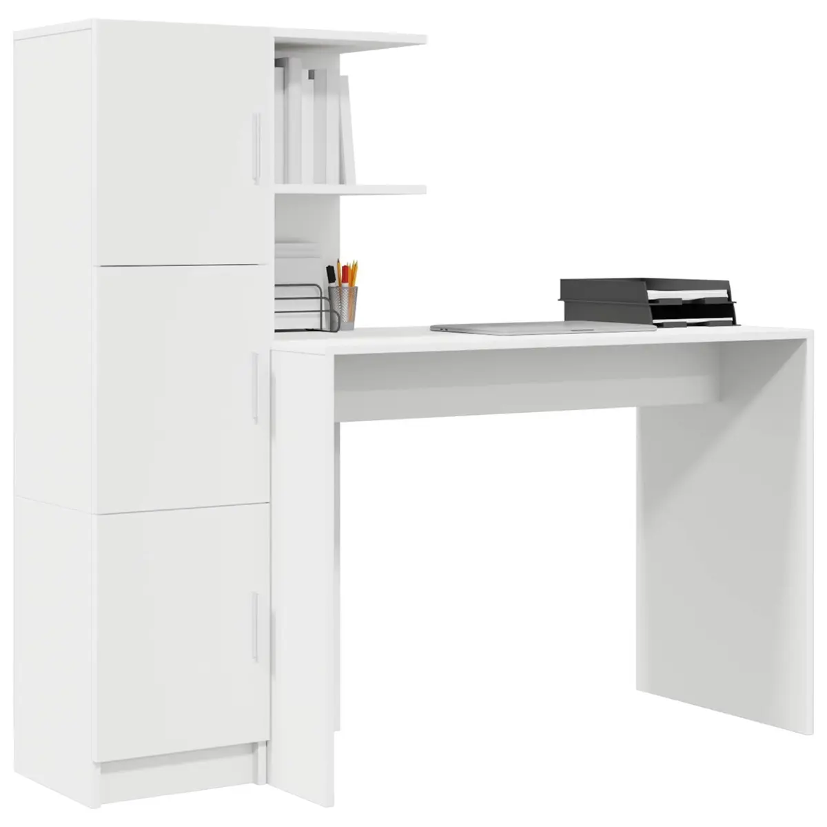 White Desk with Storage Cabinet and Shelves Modern Office Furniture Set 2 Piece