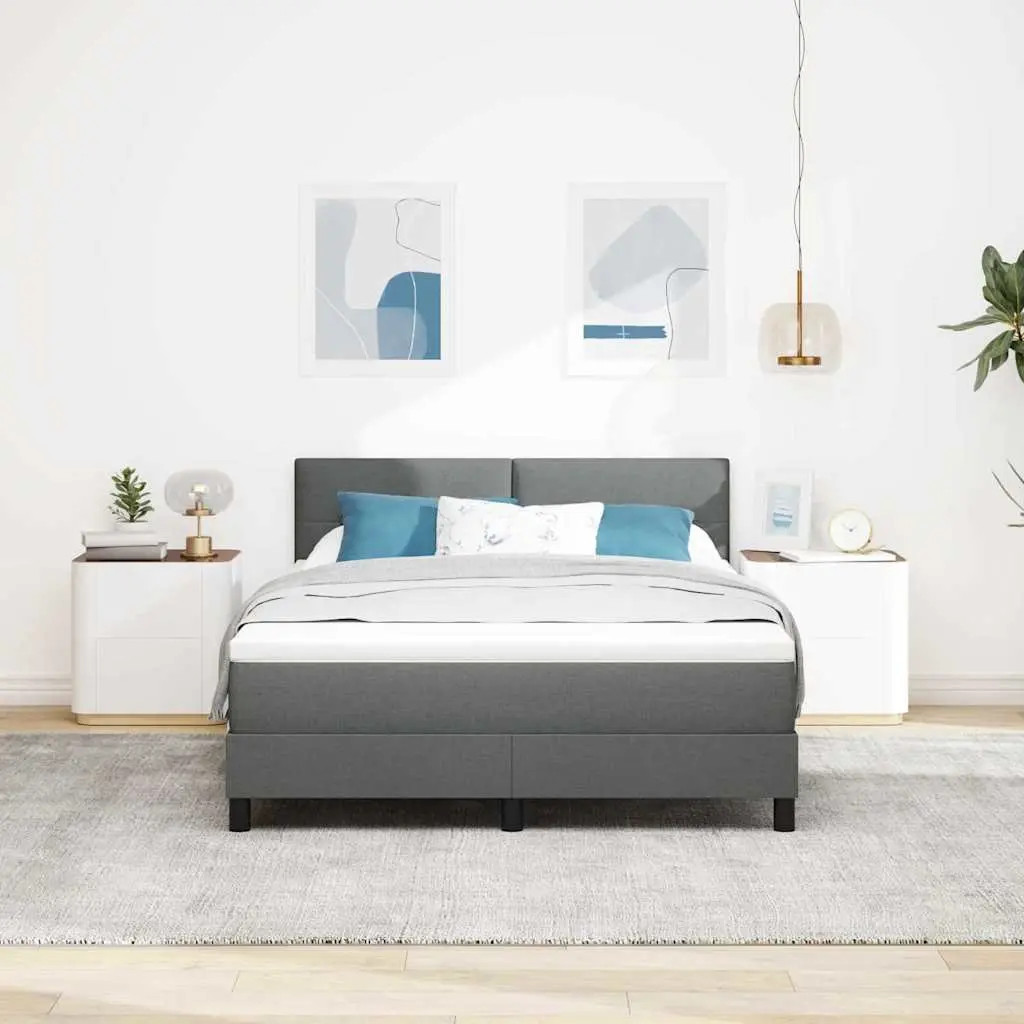 Box Spring Bed Dark Grey White Fabric 152 x 203 cm Modern Bedroom Adjustable