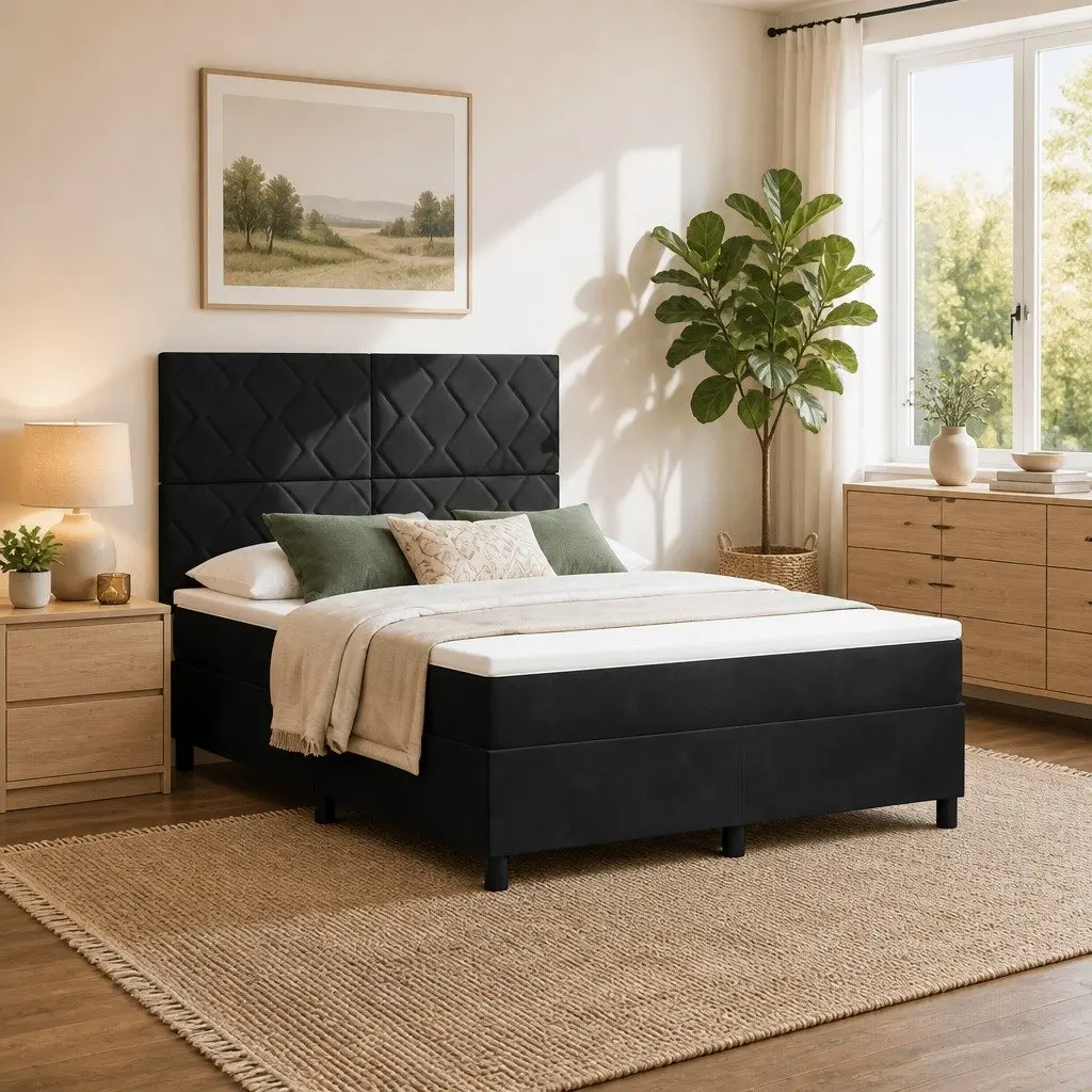 Box Spring Bed Adjustable Headboard Black White 137 x 187 cm Medium-Firm