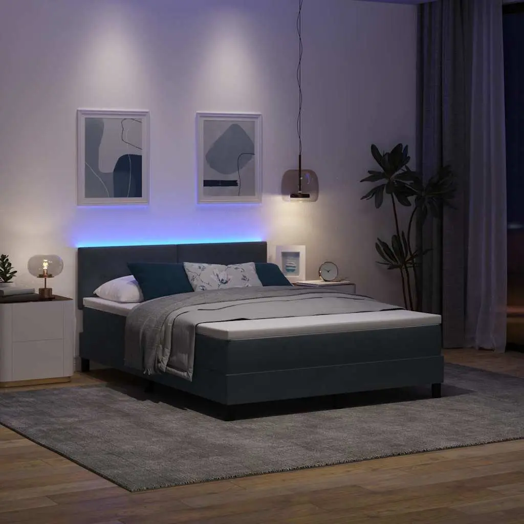 Box Spring Bed Dark Grey White Fabric 152x203cm Adjustable Headboard LED Lights