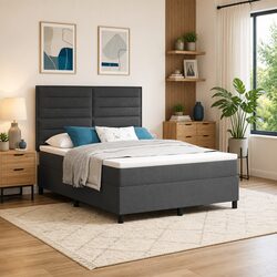 Box Spring Bed with Mattress and LED Lights 137 x 190 cm Grey Fabric Frame