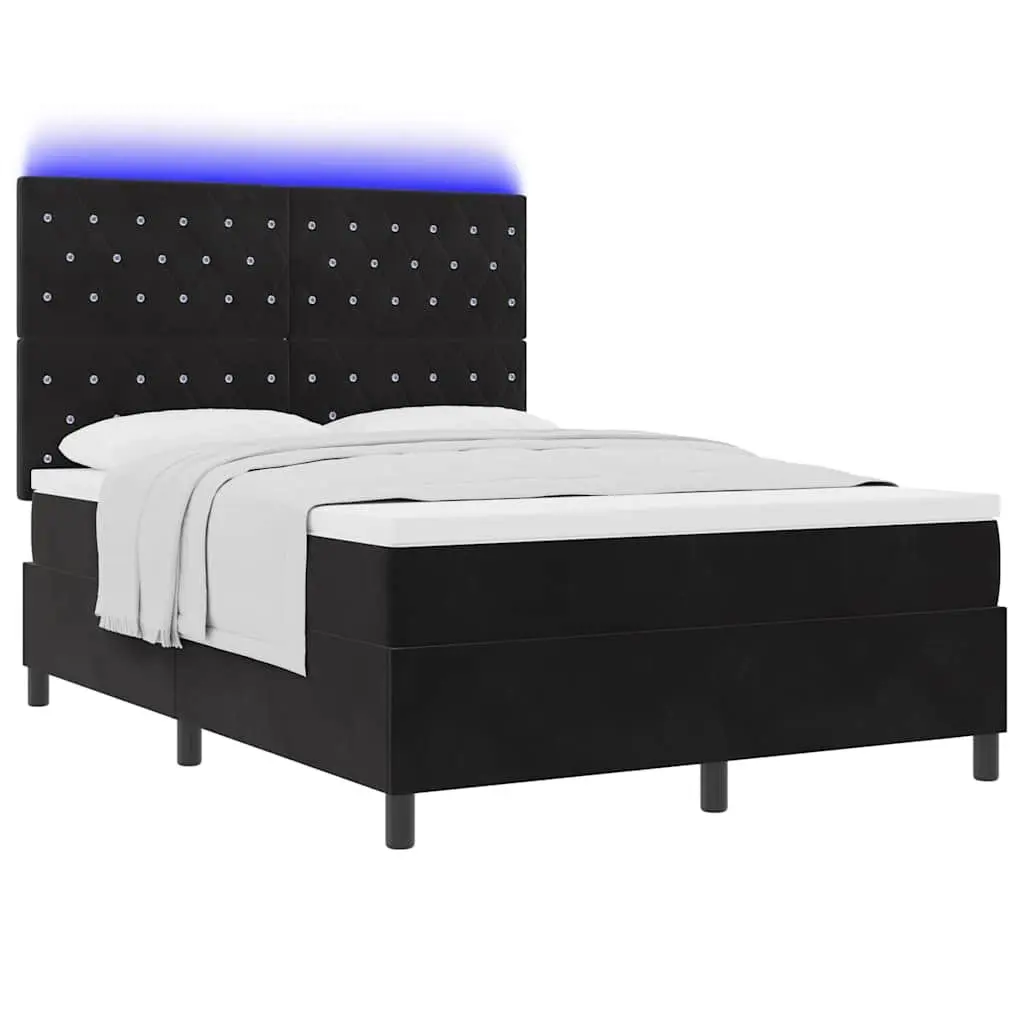 Box Spring Bed Black Velvet 152 x 203 cm Adjustable Headboard with RGB LED Lights