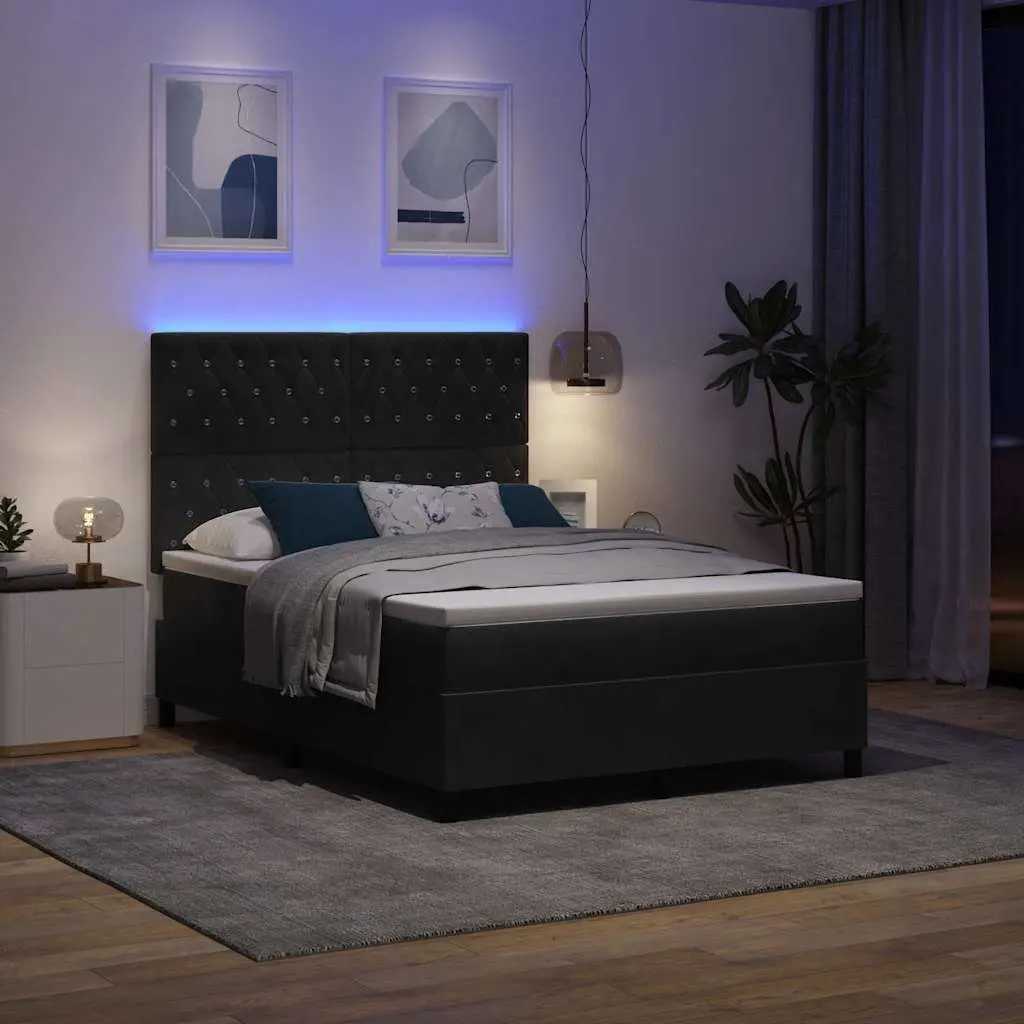 Box Spring Bed Black Velvet 152 x 203 cm Adjustable Headboard with RGB LED Lights