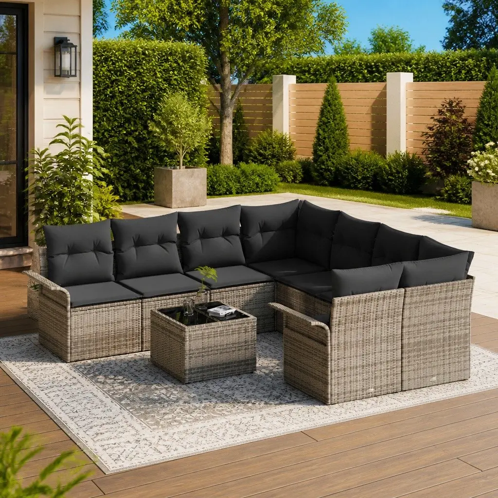 Garden Sofa Set Outdoor Furniture 9 Piece Grey Poly Rattan Modular Seating