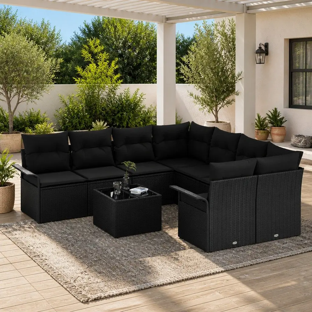 Modular Outdoor Furniture Set 9 Pieces Poly Rattan Black Patio Sofa with Tempered Glass Table