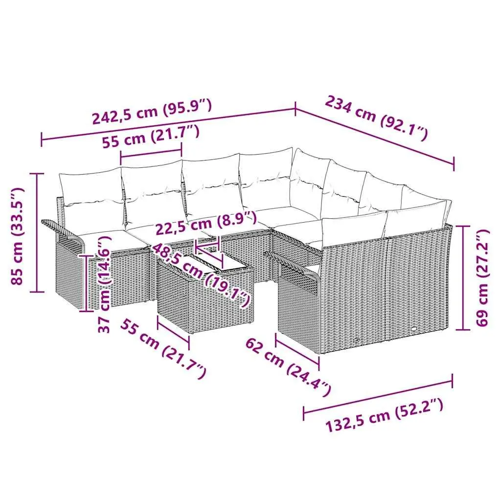 Modular Outdoor Furniture Set 9 Pieces Poly Rattan Black Patio Sofa with Tempered Glass Table