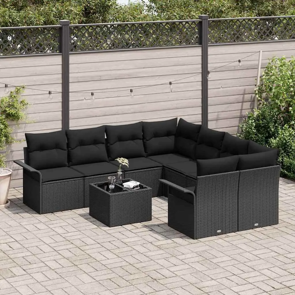 Modular Outdoor Furniture Set 9 Pieces Poly Rattan Black Patio Sofa with Tempered Glass Table