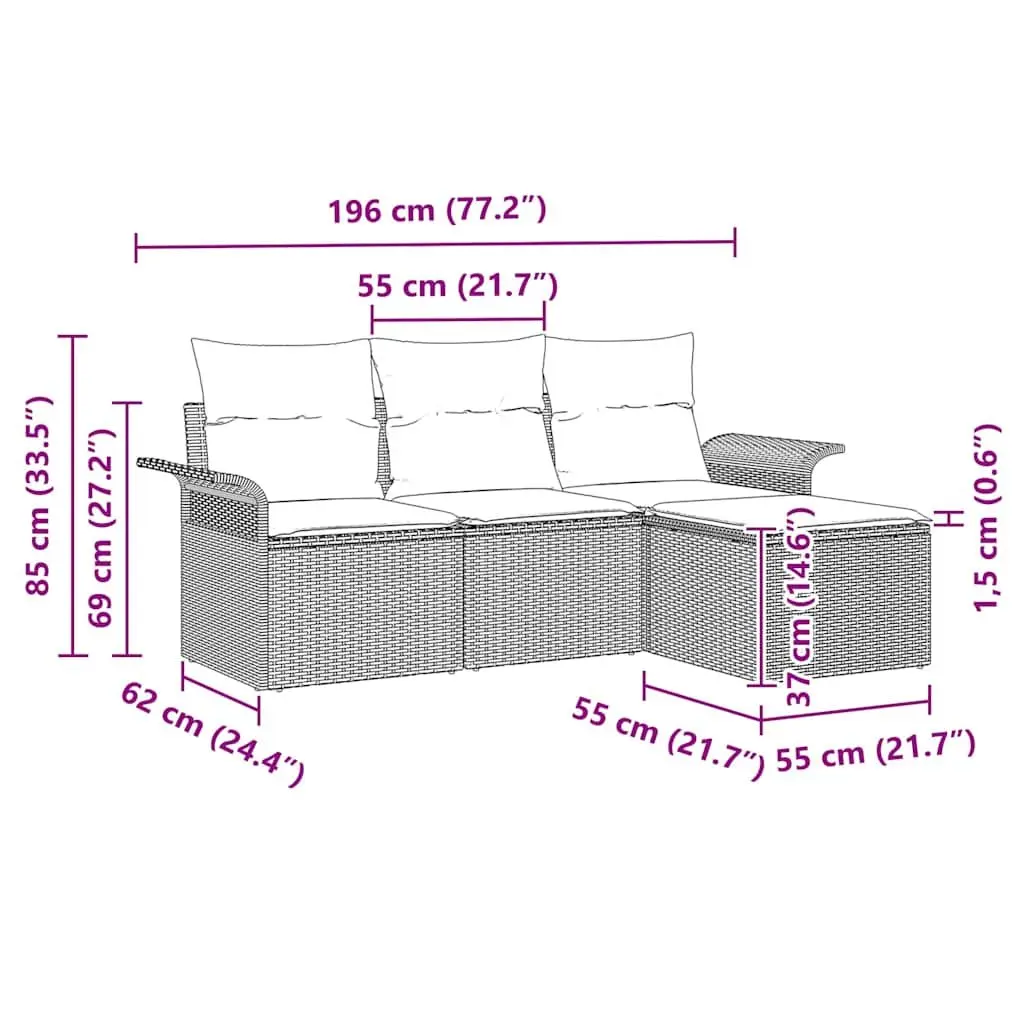 Outdoor Sofa Set 4-Piece Garden Seating Poly Rattan Black with Cushions Patio