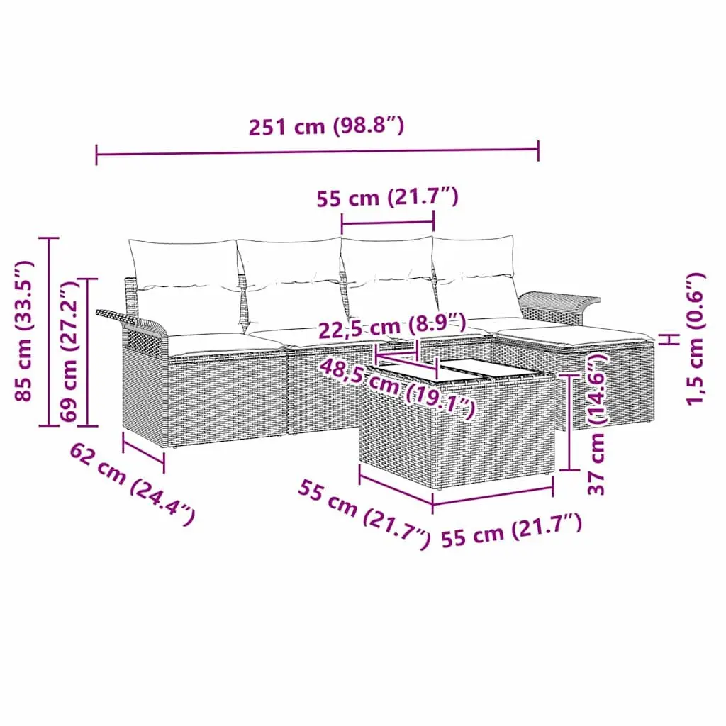 Outdoor Sofa Set 6 Pieces Grey Poly Rattan Garden Furniture with Cushions