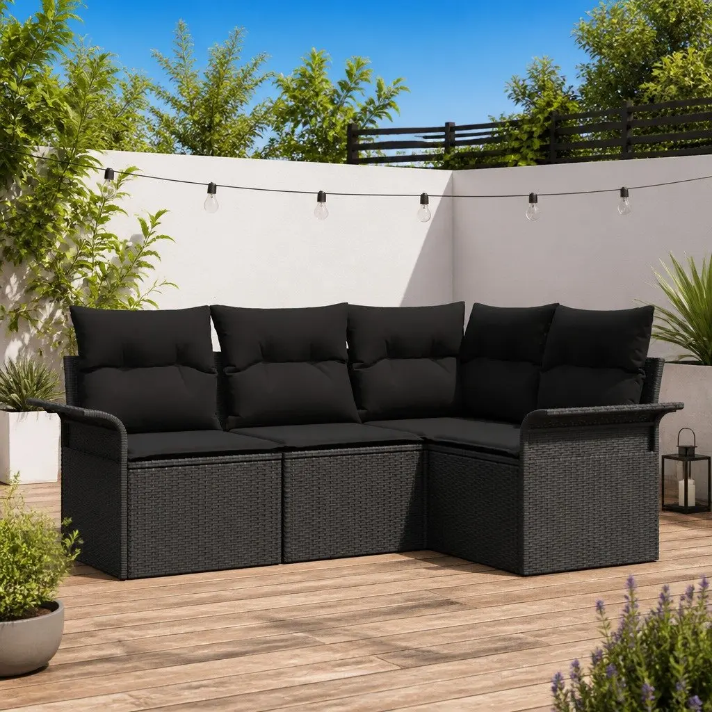 Modular Rattan Outdoor Sofa Set Black 4 Piece Adjustable Table for Garden Patio Lounging