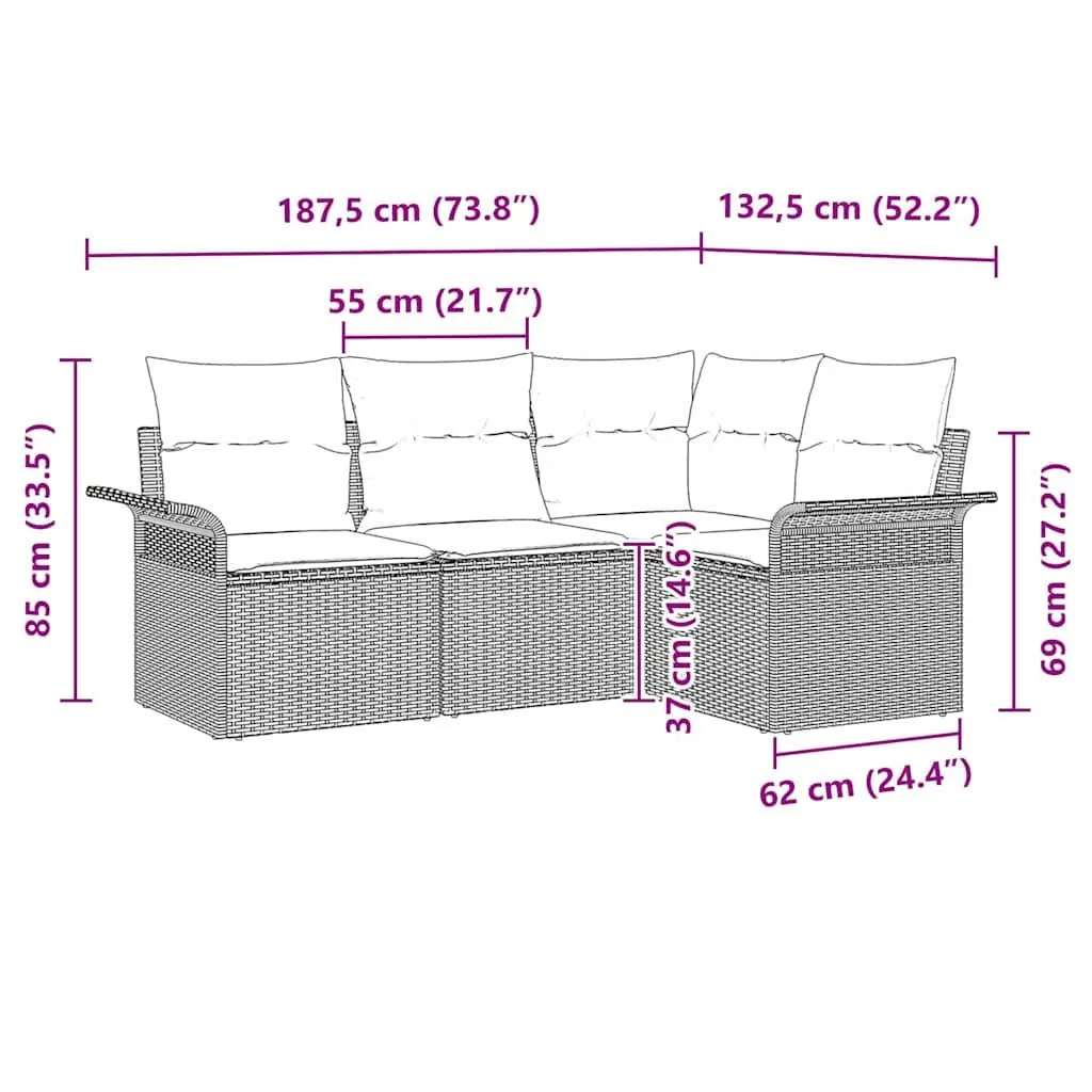 Modular Rattan Outdoor Sofa Set Black 4 Piece Adjustable Table for Garden Patio Lounging