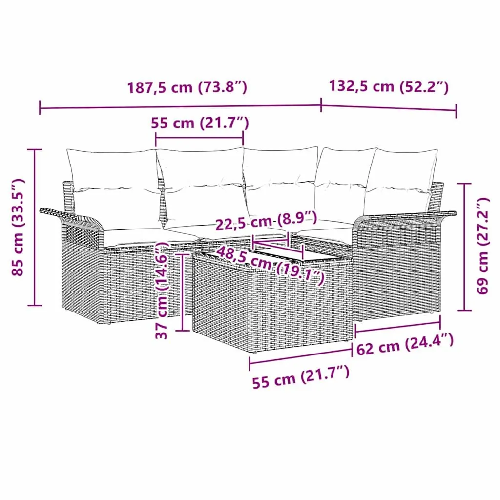Garden Sofa Set Modular Outdoor Furniture 5 Piece Grey Poly Rattan Patio Lounge