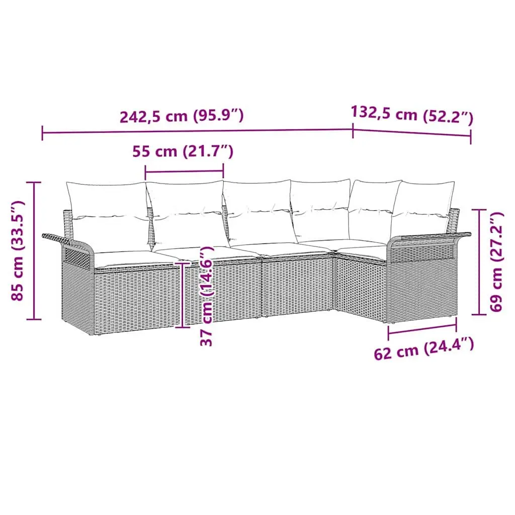 Garden Sofa Set Grey Poly Rattan 5 Piece Outdoor Lounge Furniture with Table