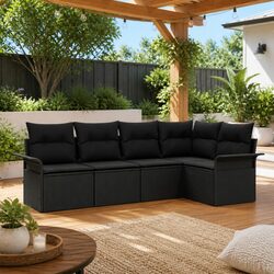 Outdoor Garden Sofa Set 5 Pieces Black Poly Rattan with Cushions Sectional
