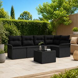 6-Piece Black Sofa Set for Gardens with Cushions & Storage