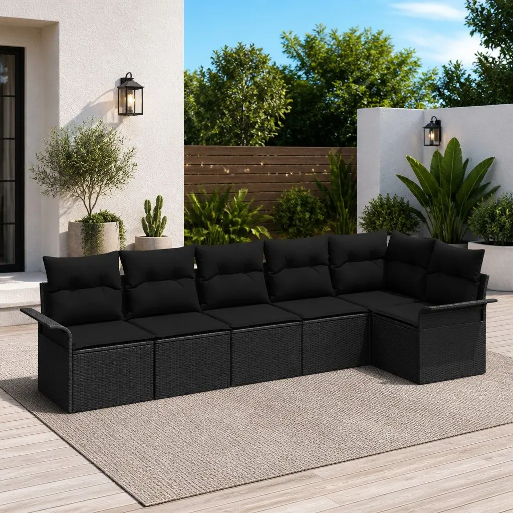 Outdoor Modular Sofa Set 6 Pieces Black Poly Rattan Furniture with Cushions