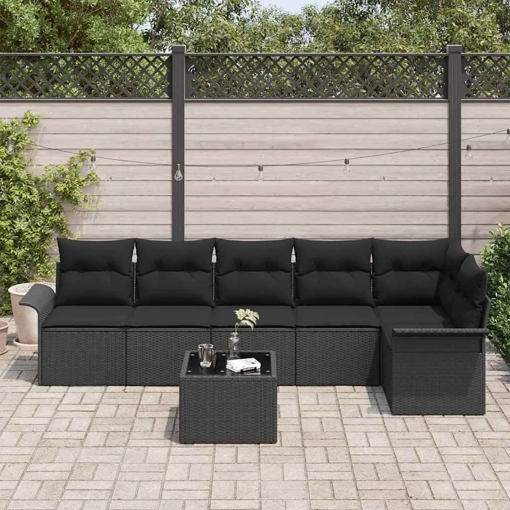 7 Piece Outdoor Garden Sofa Set Modular Poly Rattan Black with Cushions