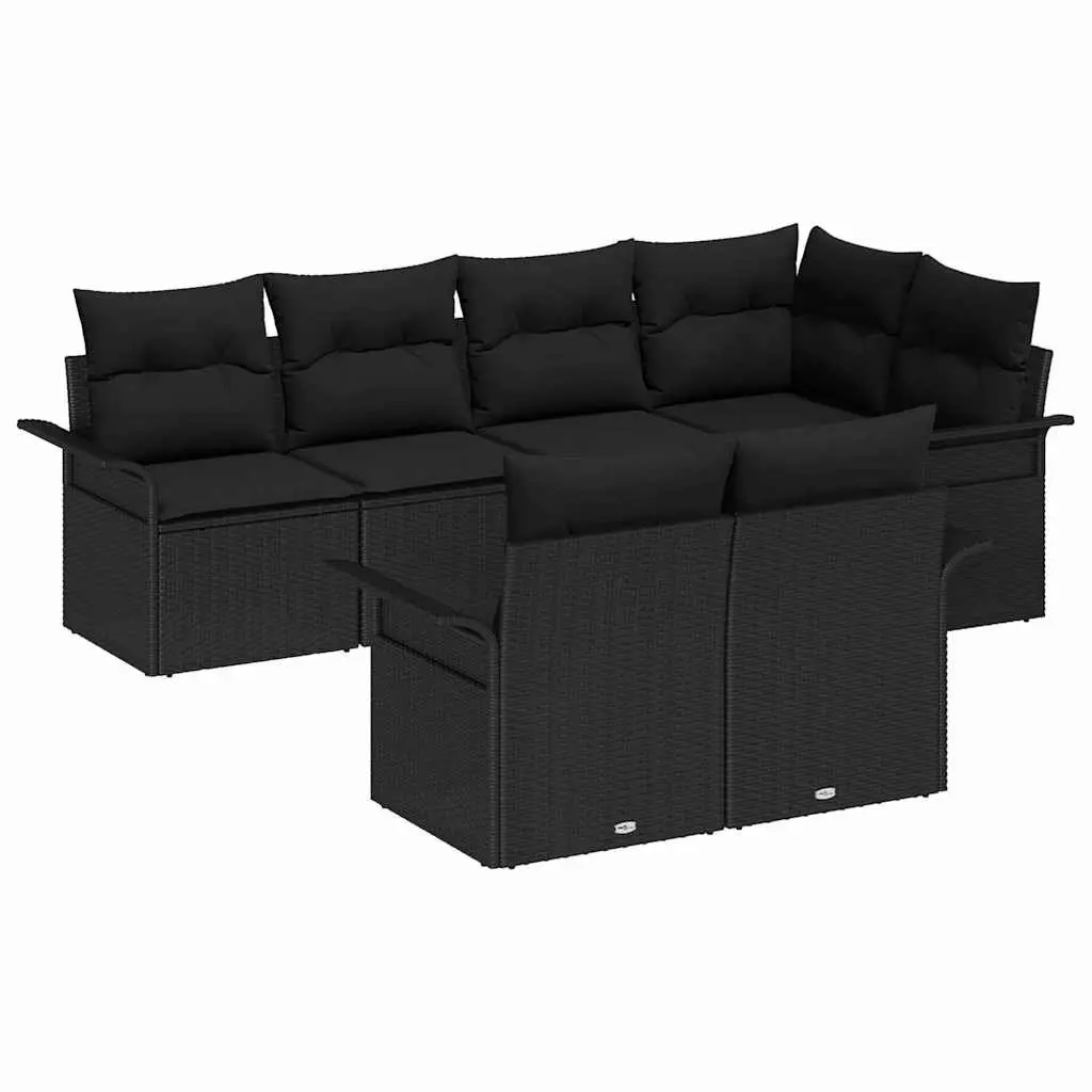 7 Piece Outdoor Garden Sofa Set Black Poly Rattan Patio Furniture with Cushions