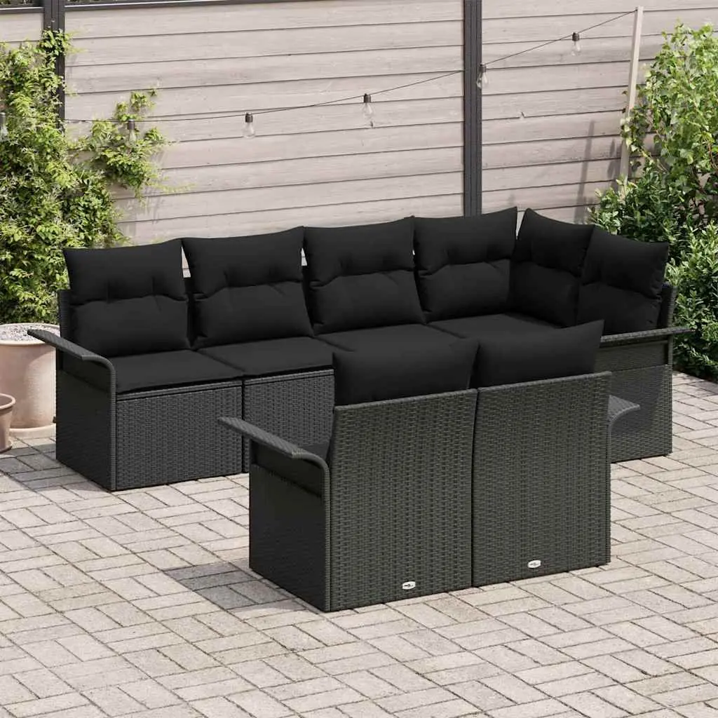 7 Piece Outdoor Garden Sofa Set Black Poly Rattan Patio Furniture with Cushions