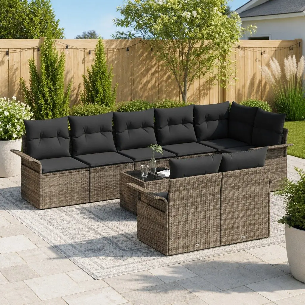 Garden Sofa Set Grey Poly Rattan Outdoor Furniture 9 Piece