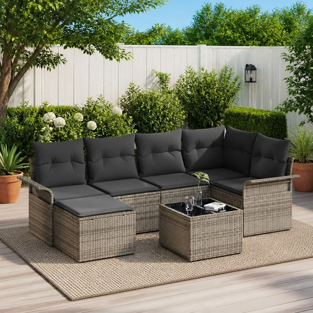 Garden Sofa Set 7 Pieces Grey Poly Rattan Outdoor Furniture with Cushions