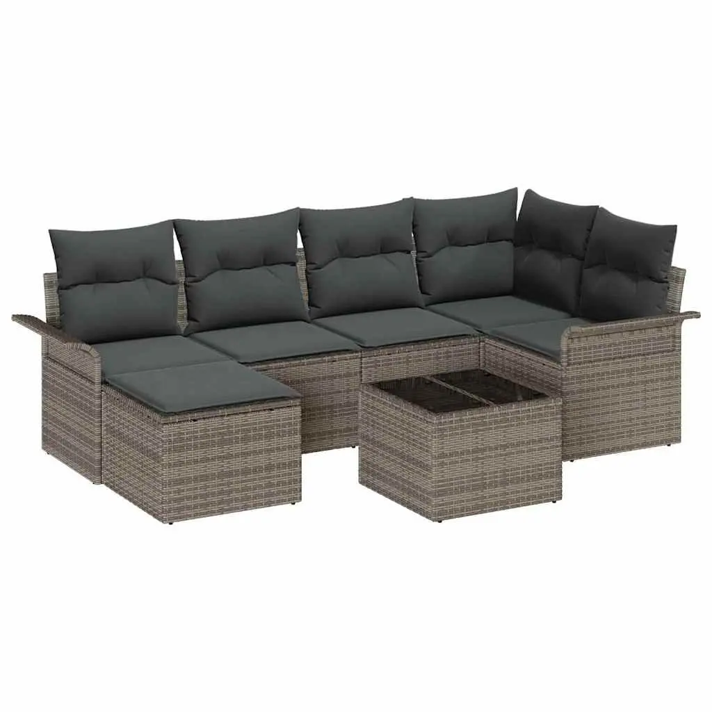 Garden Sofa Set 7 Pieces Grey Poly Rattan Outdoor Furniture with Cushions