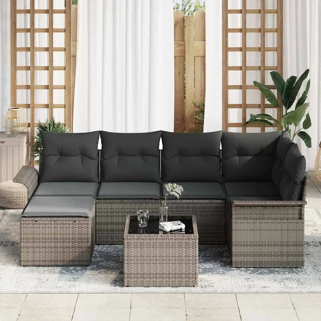 Garden Sofa Set 7 Pieces Grey Poly Rattan Outdoor Furniture with Cushions