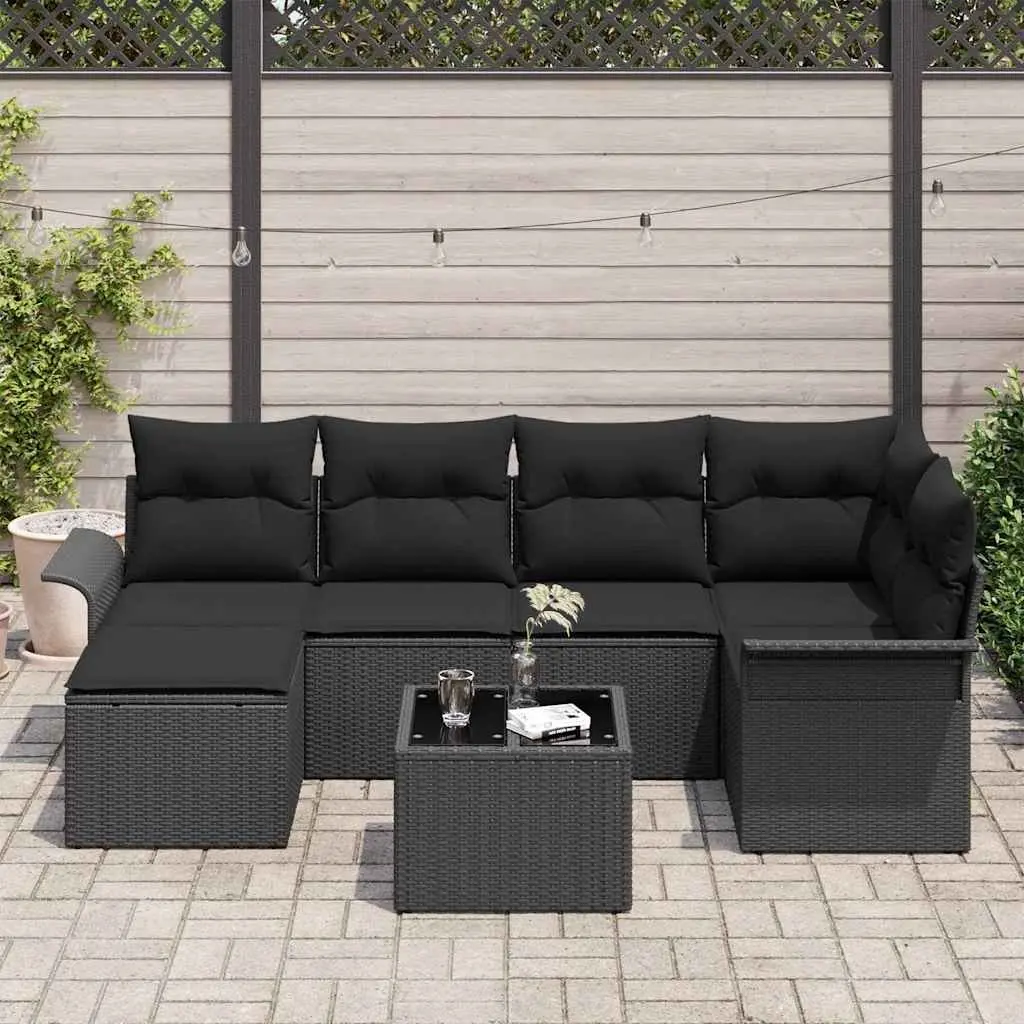Garden Sofa Set Modular Black Poly Rattan 7 Piece Outdoor Furniture with Storage