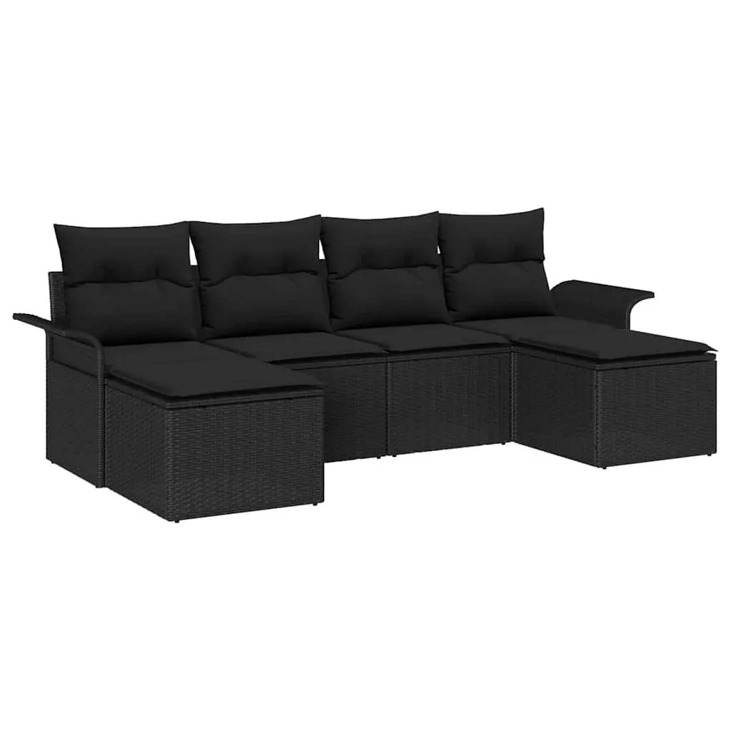 Outdoor Garden Sofa Set 6 Piece Black Poly Rattan Patio Furniture with Cushions