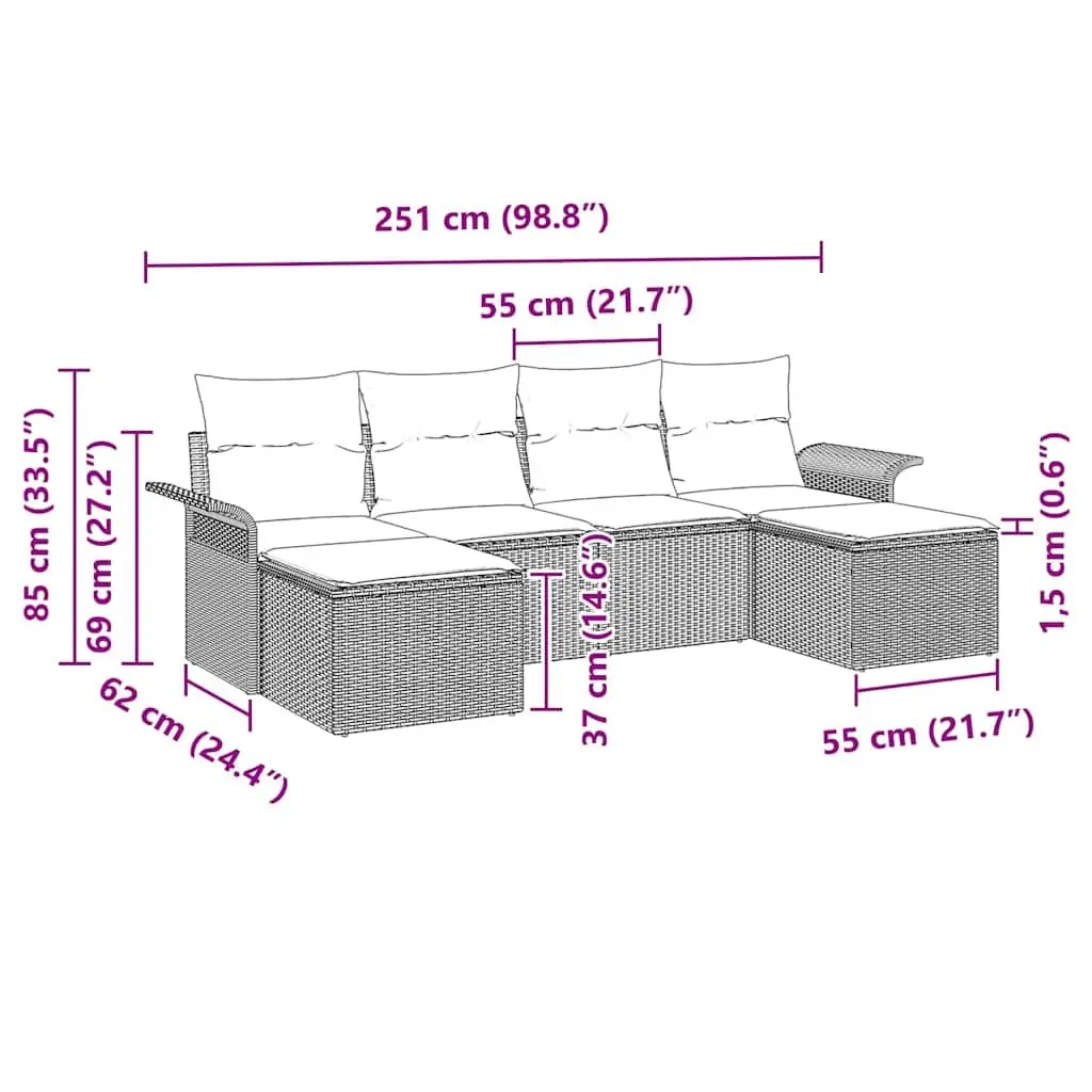 Outdoor Garden Sofa Set 6 Piece Black Poly Rattan Patio Furniture with Cushions