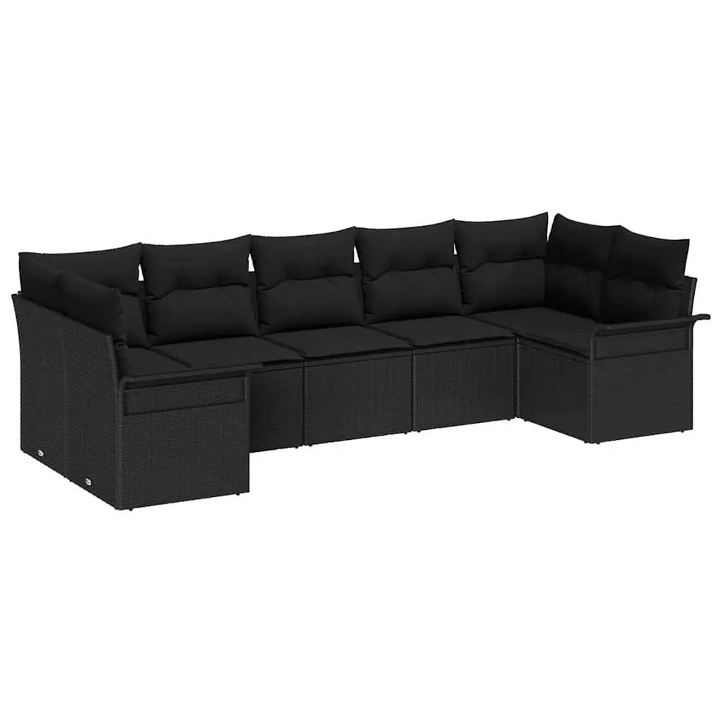 Outdoor Modular Sofa Set 7 Pieces Black Poly Rattan with Cushions and Glass Table