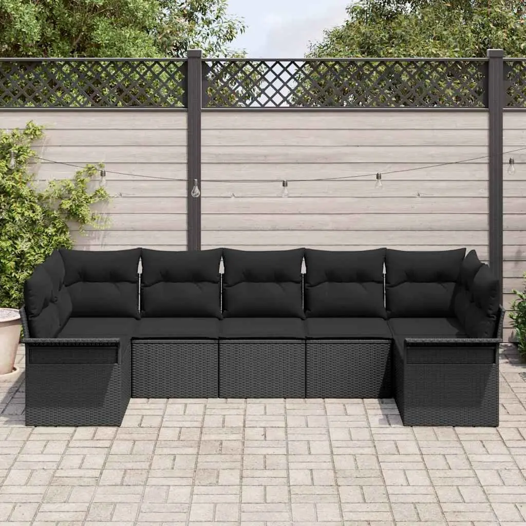 Outdoor Modular Sofa Set 7 Pieces Black Poly Rattan with Cushions and Glass Table