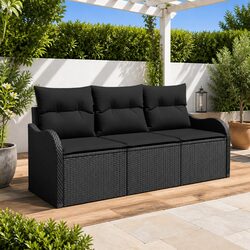Garden Sofa Set 3 Piece Outdoor Furniture Black Poly Rattan Cushioned Lounge