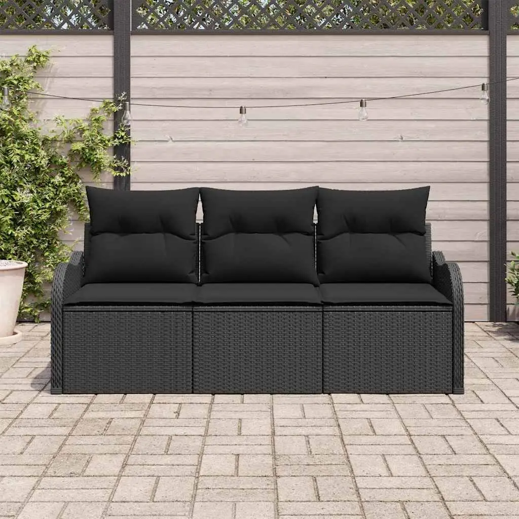 Garden Sofa Set 3 Piece Outdoor Furniture Black Poly Rattan Cushioned Lounge