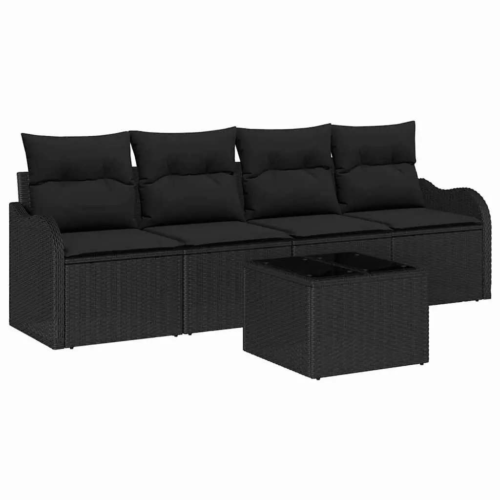 Modular Garden Sofa Set Black Poly Rattan Outdoor Furniture with Tempered Glass Table