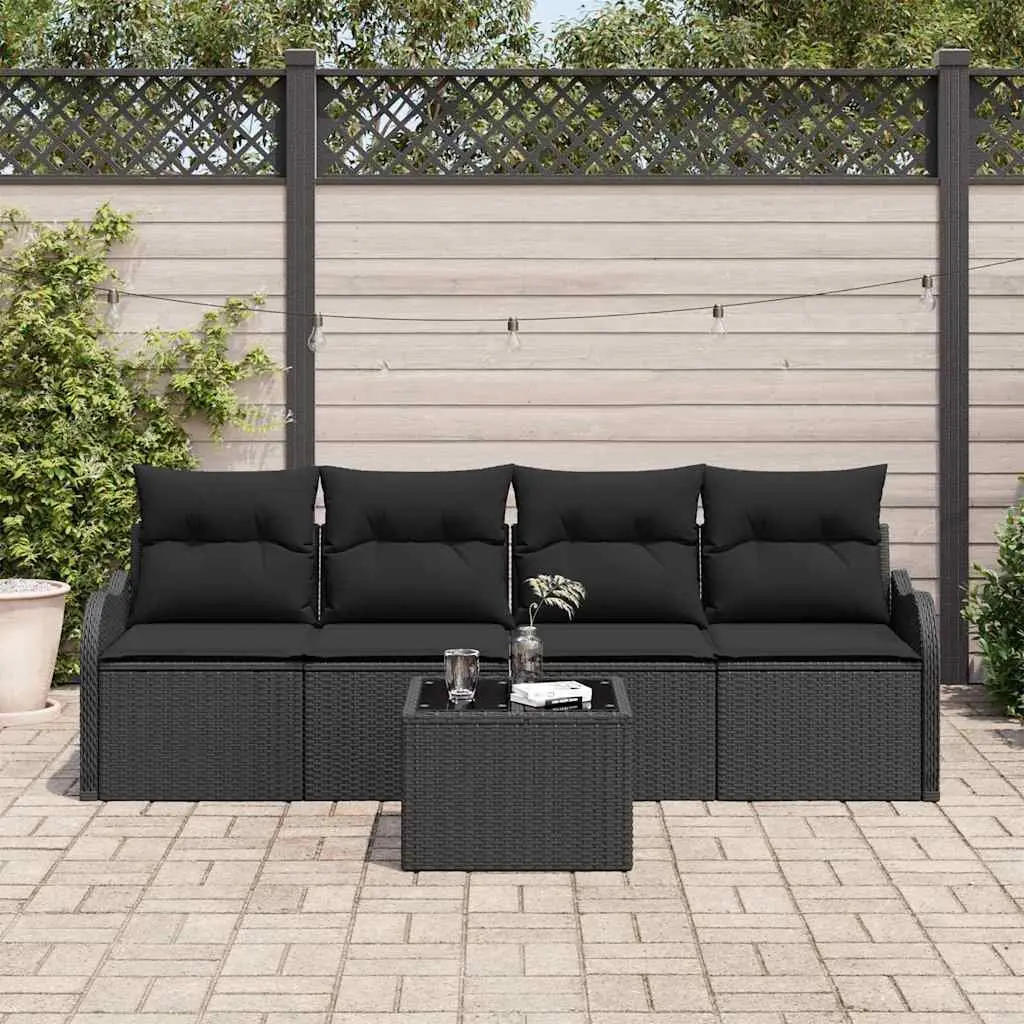 Modular Garden Sofa Set Black Poly Rattan Outdoor Furniture with Tempered Glass Table
