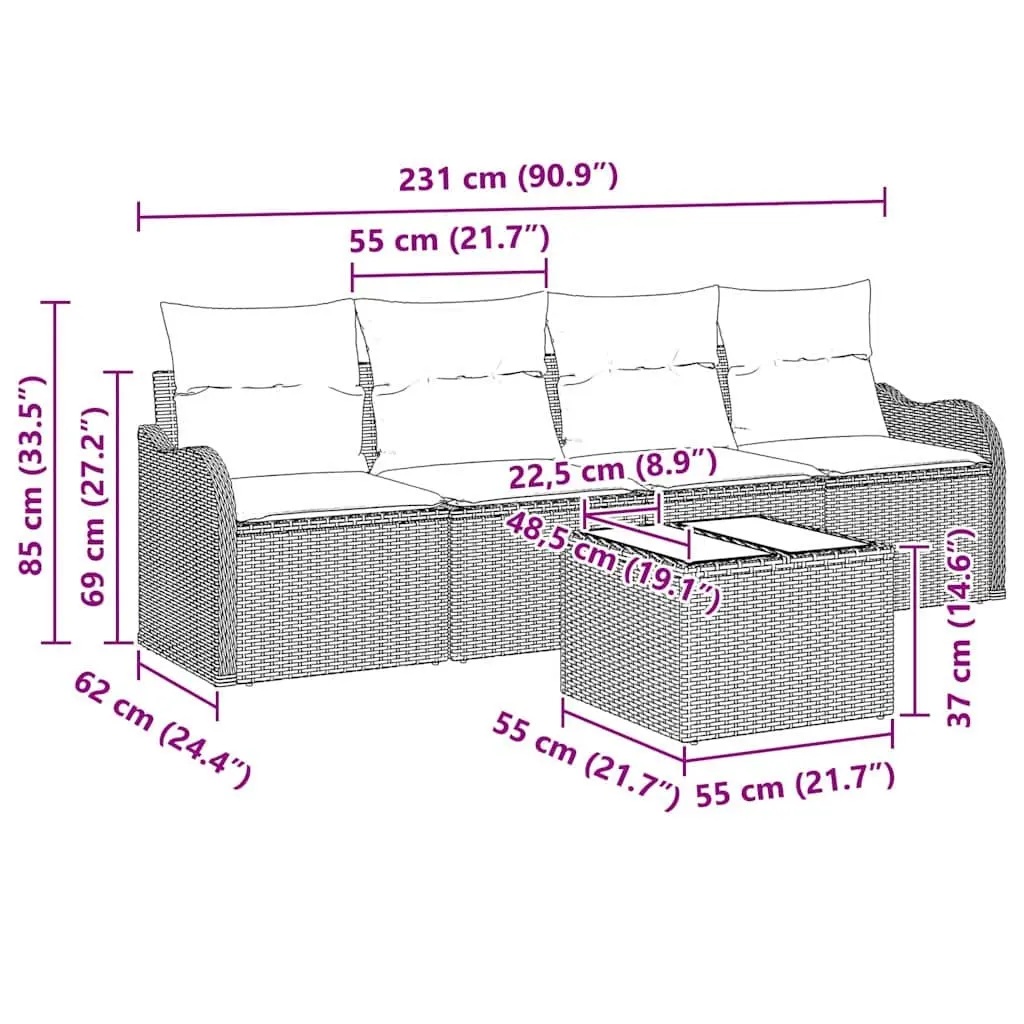 Modular Garden Sofa Set Black Poly Rattan Outdoor Furniture with Tempered Glass Table