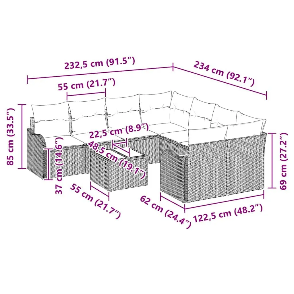 Garden Sofa Set 9 pcs Grey Poly Rattan Modular Outdoor Seating Furniture