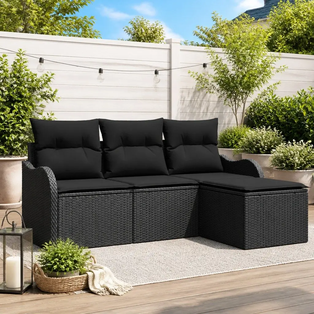 Modular Outdoor Sofa Set Black Poly Rattan 4 Piece with Glass Table