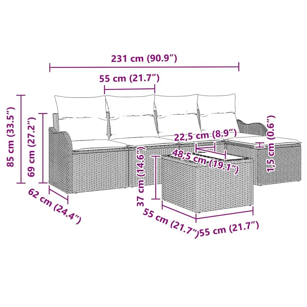 Garden Sofa Set 6 Piece Outdoor Furniture Black Rattan Modular Patio Seating
