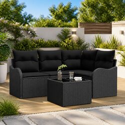 Garden Sofa Set Black Poly Rattan Outdoor Furniture Modular Lounge Seating