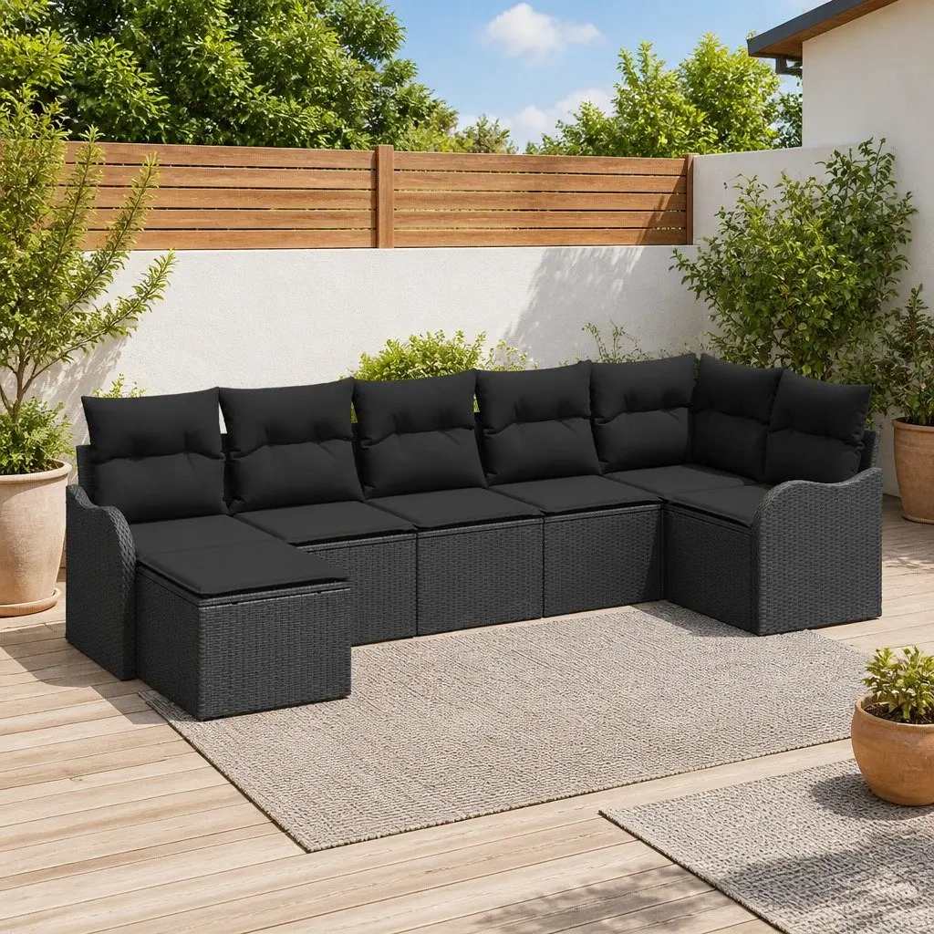 Outdoor Garden Sofa Set Black Poly Rattan 7 Pieces