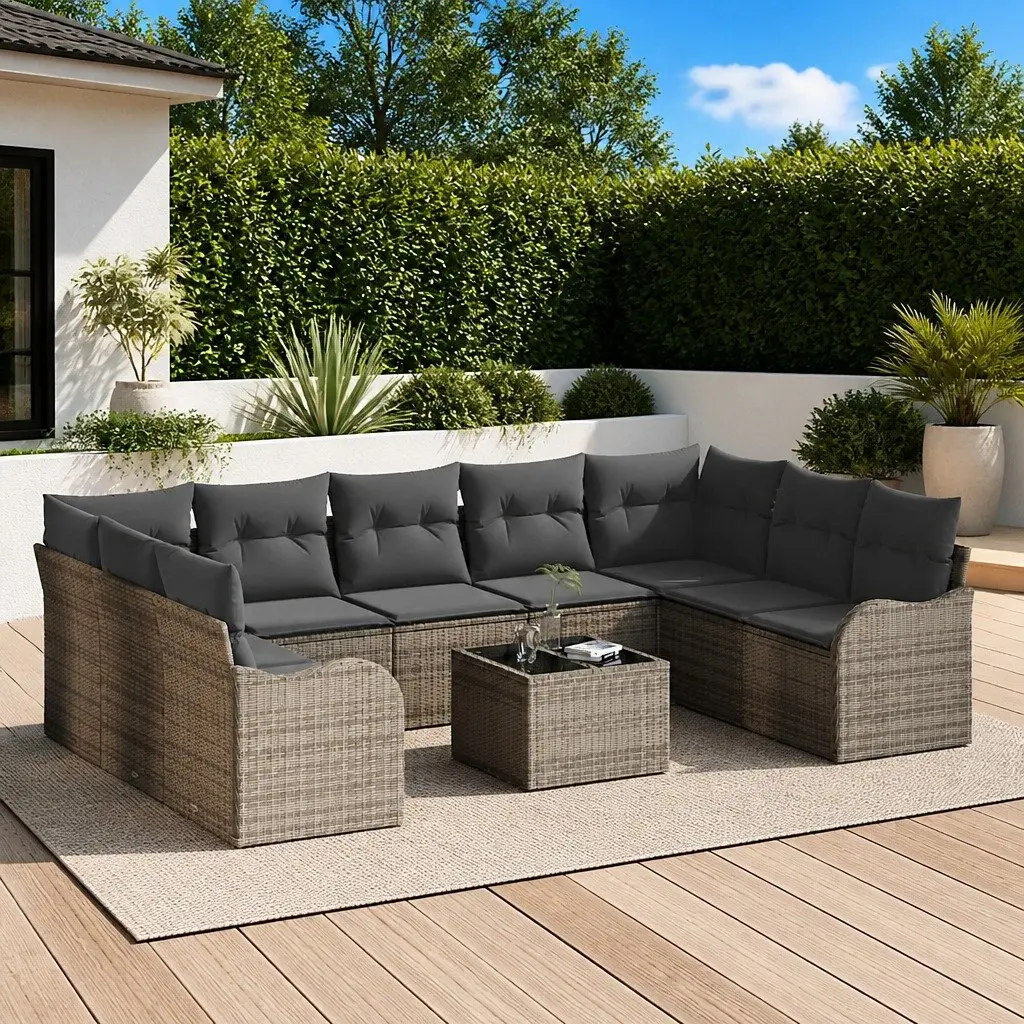 Garden Sofa Set 10 Piece Outdoor Furniture Grey Poly Rattan with Cushions