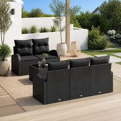Outdoor Garden Sofa Set Black Poly Rattan Sectional with Glass Table Patio