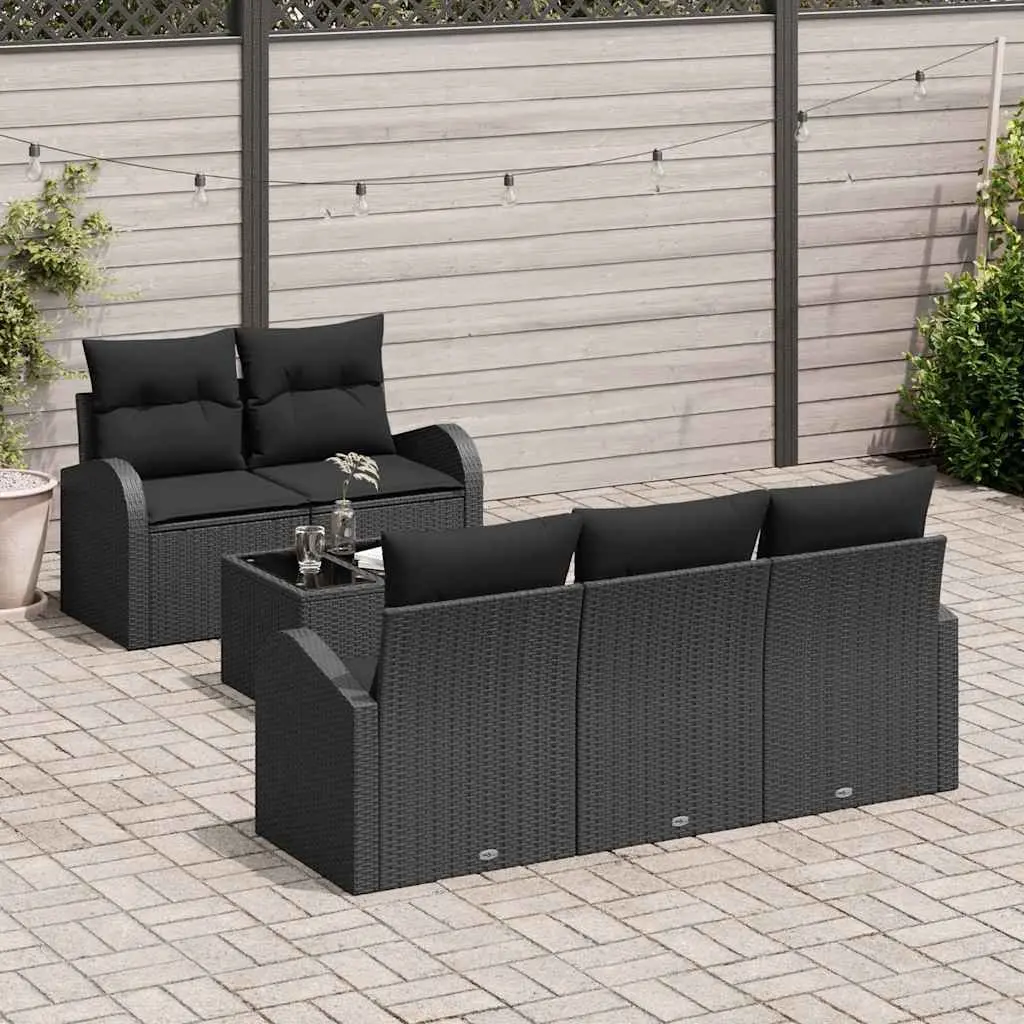 Garden Patio Sofa Set Black Poly Rattan Sectional with Tempered Glass Table