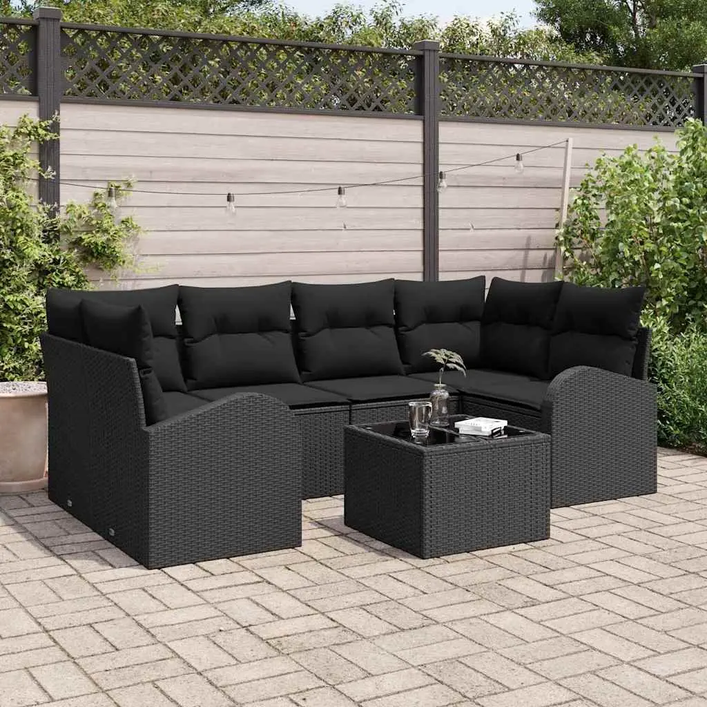 Outdoor Garden Sofa Set Black Modular Poly Rattan Patio Seating with Glass Table