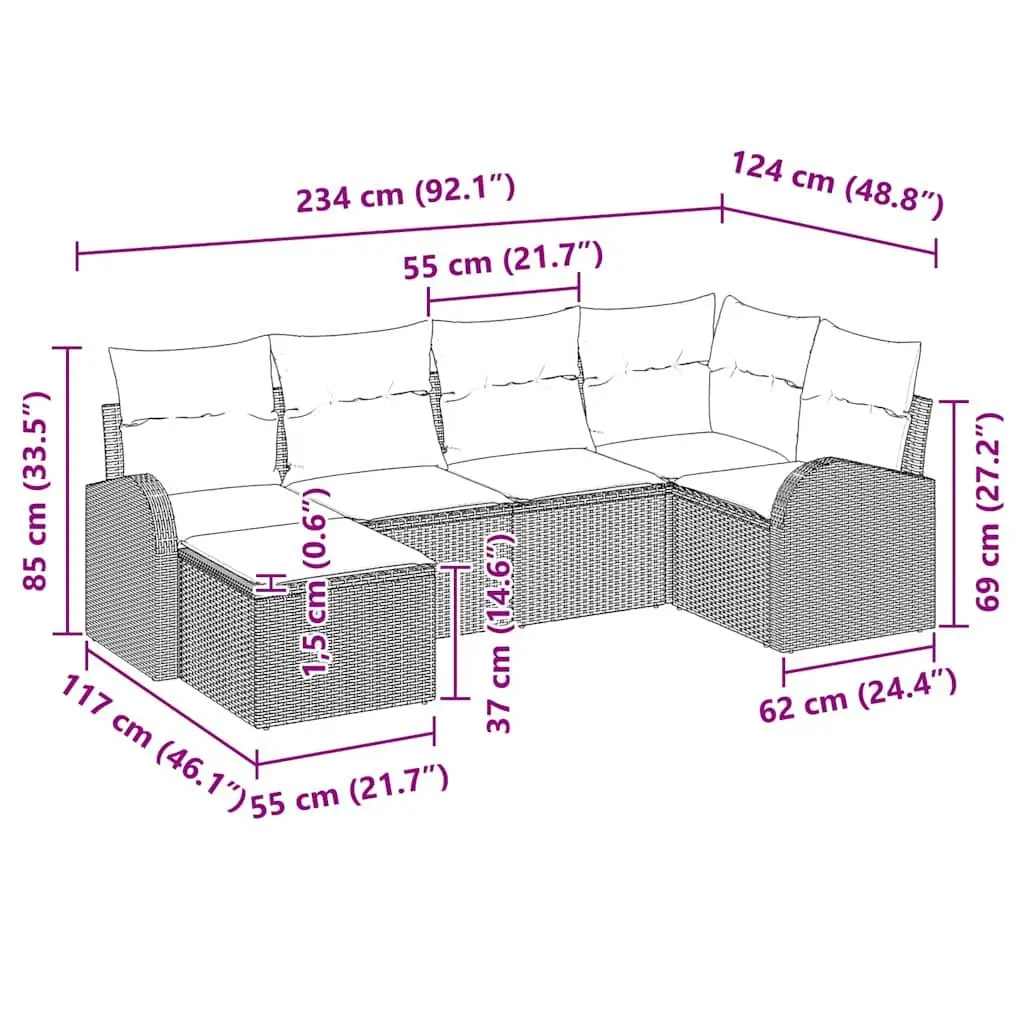 Garden Sofa Set 6 Piece Modular Outdoor Furniture Black Poly Rattan Patio